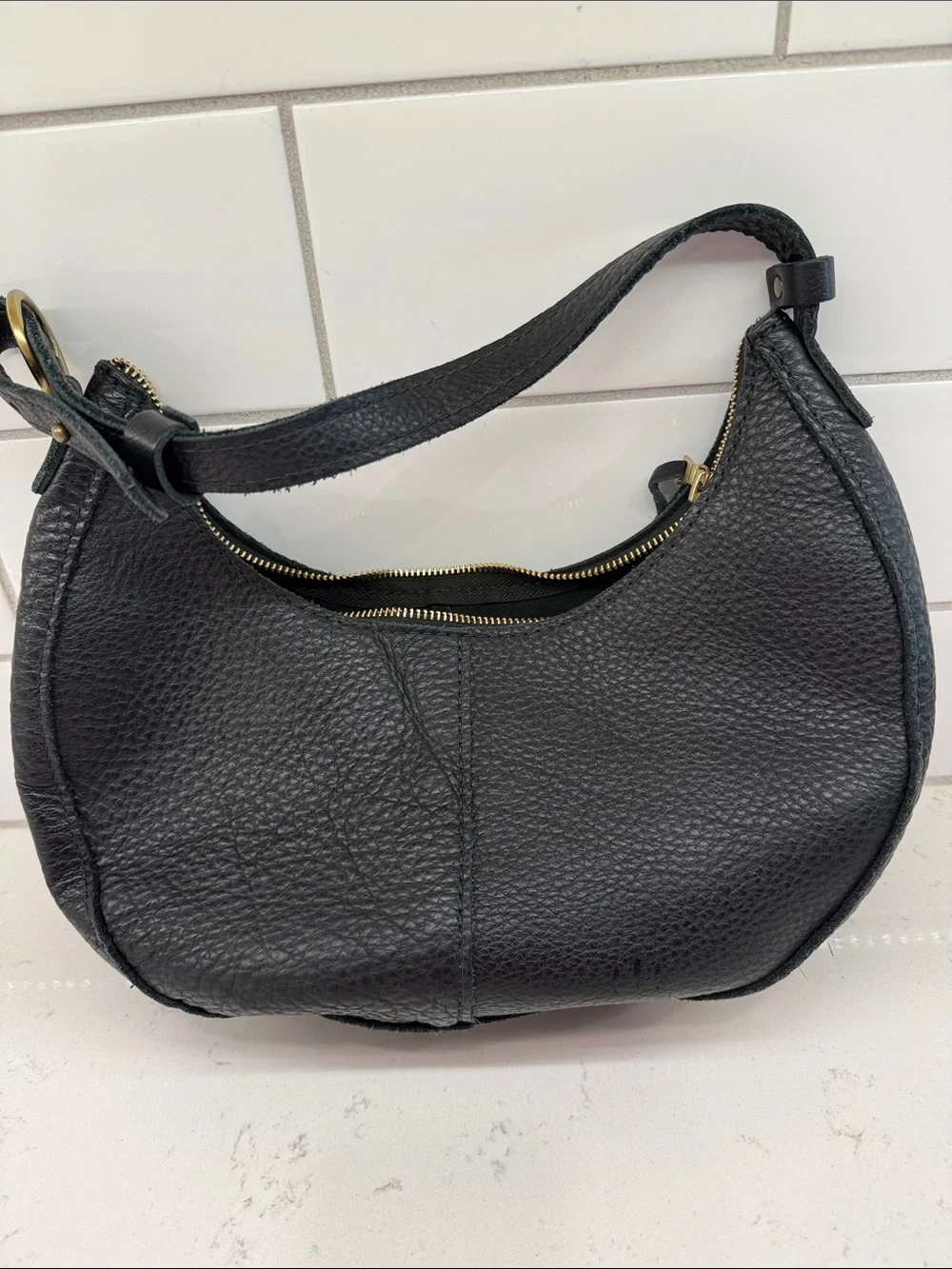 Portland Leather crescent Classic Black Leather Shoulder Bag